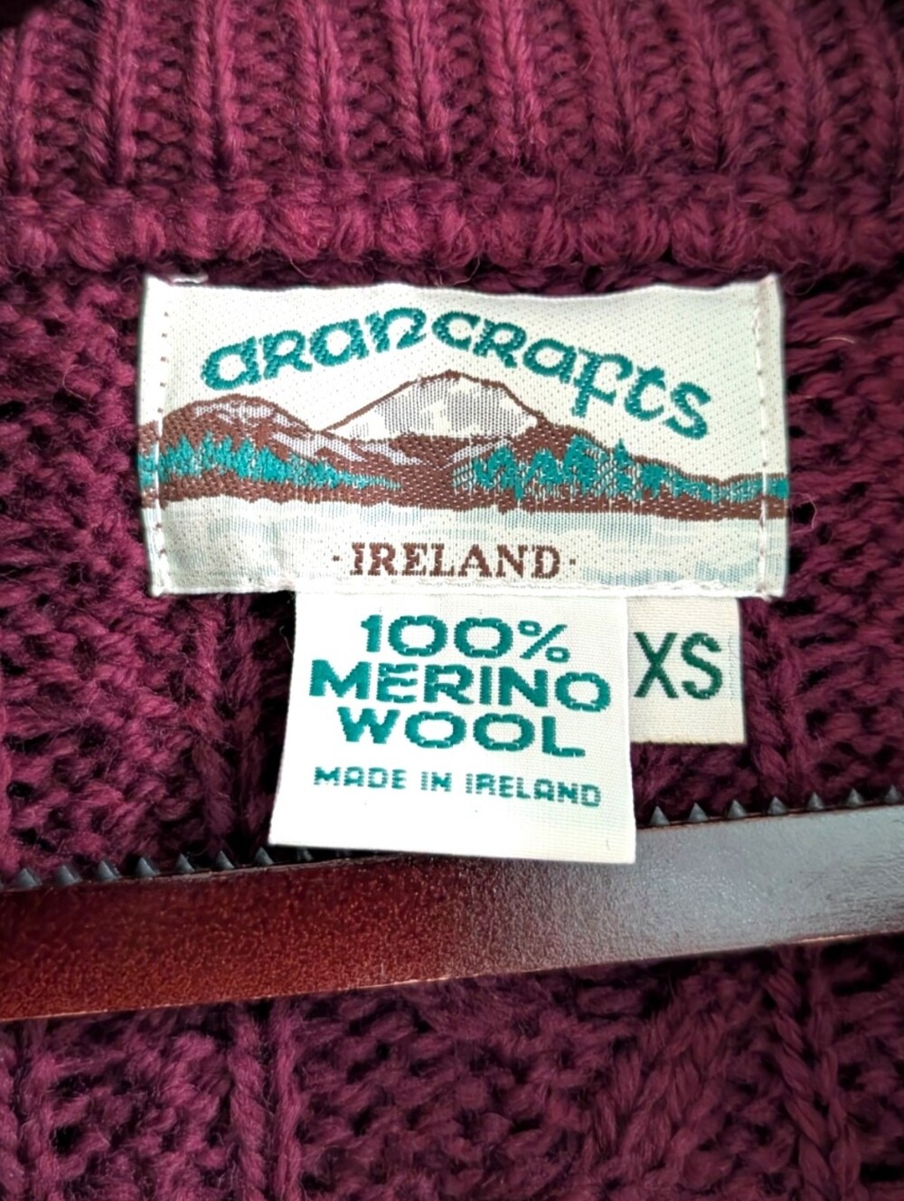 Aran Crafts Ireland 100% Merino Wool Zip Hoodie Sweater - Size XS Burgundy - Picture 9 of 10